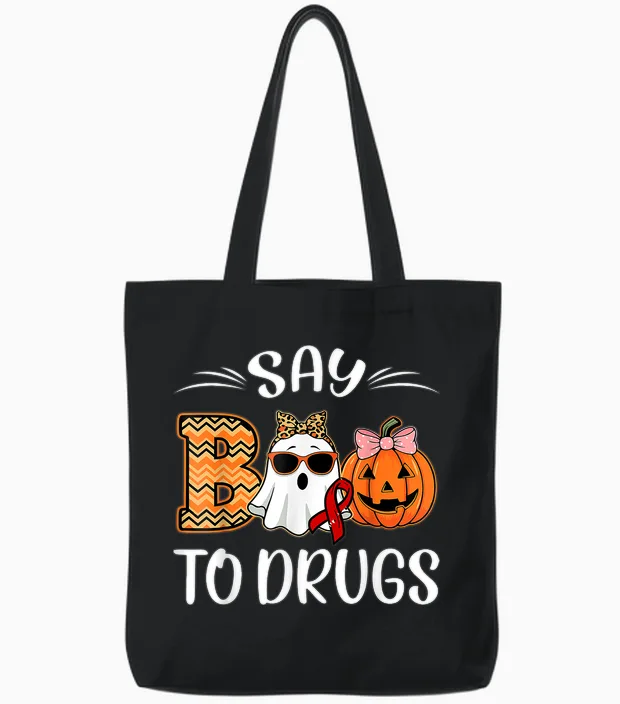 Say Boo to Drugs Red Ribbon Week Awareness Funny Halloween Tote Bags in Black