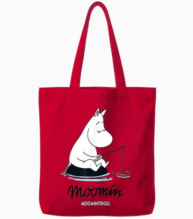 Fishing at Moomin Moomintroll T-Shirt, Grey, S Tote Bags in Red