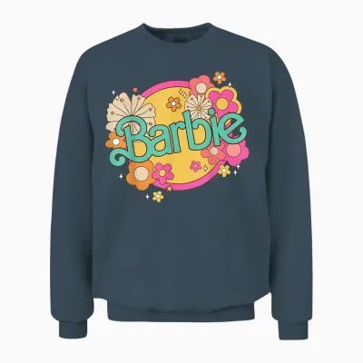 Barbie - Retro Logo with Flowers T-Shirt, Black Unisex Sweatshirt - Dark Heather