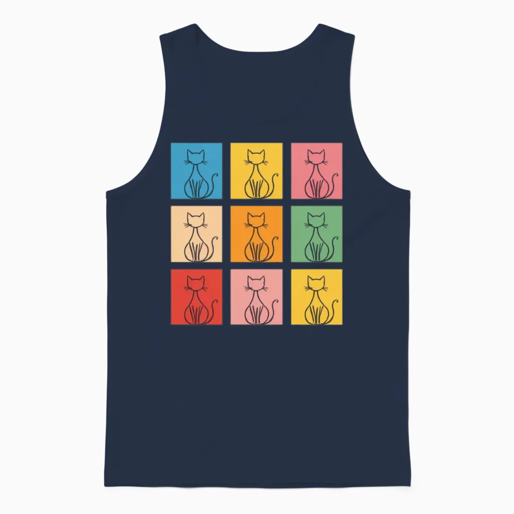 Colorful Cat Line Art Grid Lovers Unisex Tank Top in Navy