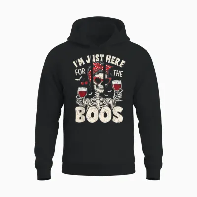Women Halloween Funny I'm Just Here for the Boos Skeleton Unisex Hoodie - Black
