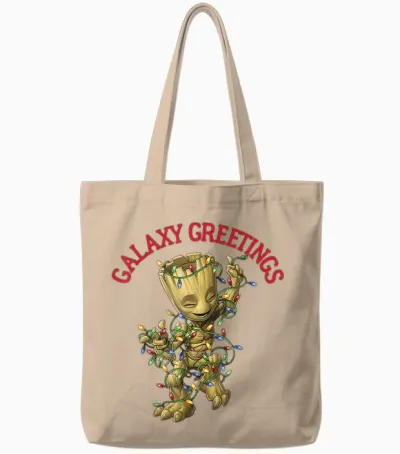 Marvel Christmas Groot Galaxy Greetings Short Sleeve Tote Bags - Natural