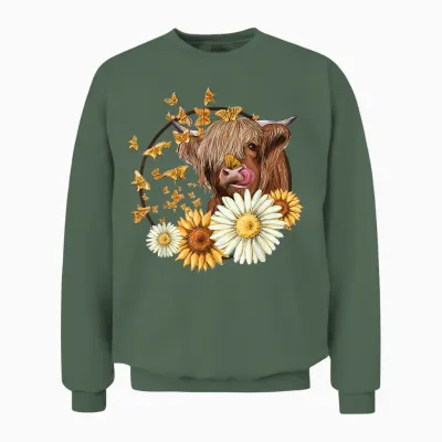 Highland Cow with Sunflower Daisies Butterflies Farm Western Unisex Sweatshirt - Military Green