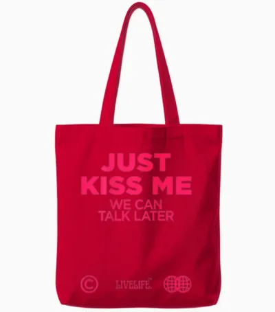Just Kiss Me We Can Talk Later Love Valentine's Day Backprint T-Shirt, White Tote Bags - Red
