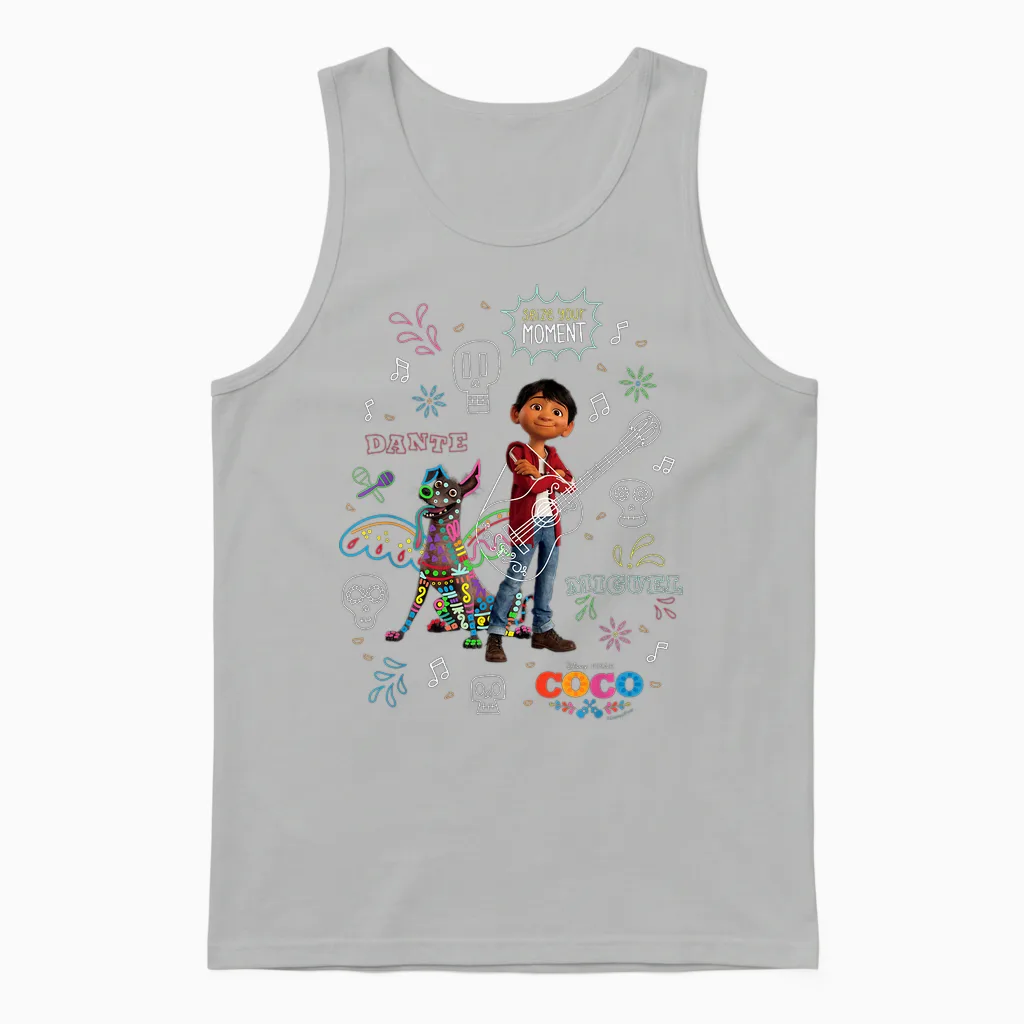 Disney and Pixar’s Coco Miguel and Dante Seize Your Moment Unisex Tank Top in Ash