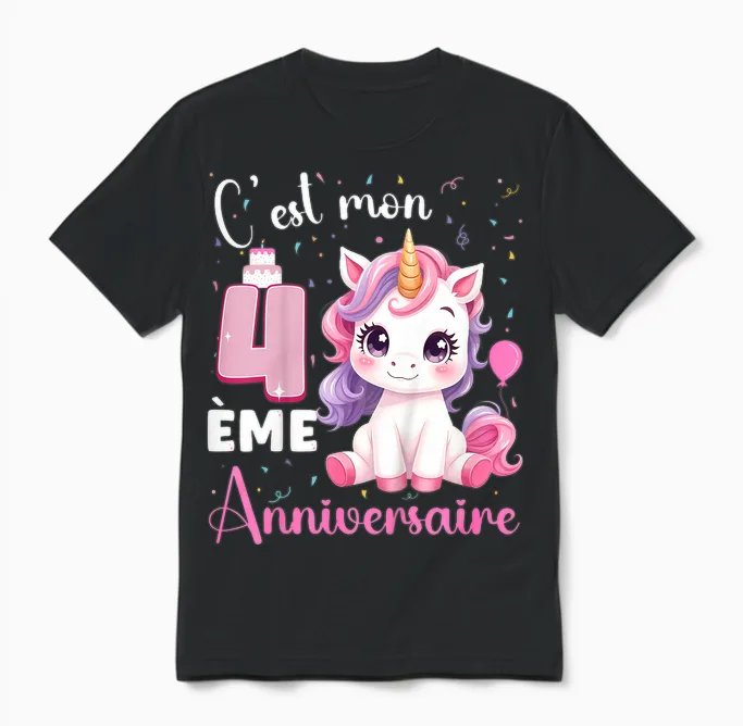 Enfant C'est Mon 4 ème Anniversaire Unicorn Birthday 4 Years T-Shirt, Black, 2 Unisex T-Shirt in Black