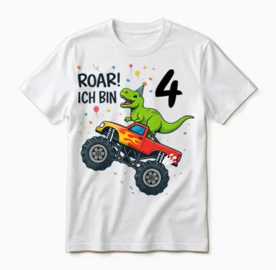 Kinder Dino Monstertruck Roar Ich Bin 4 Party 4 Jahre Unisex T-Shirt - White