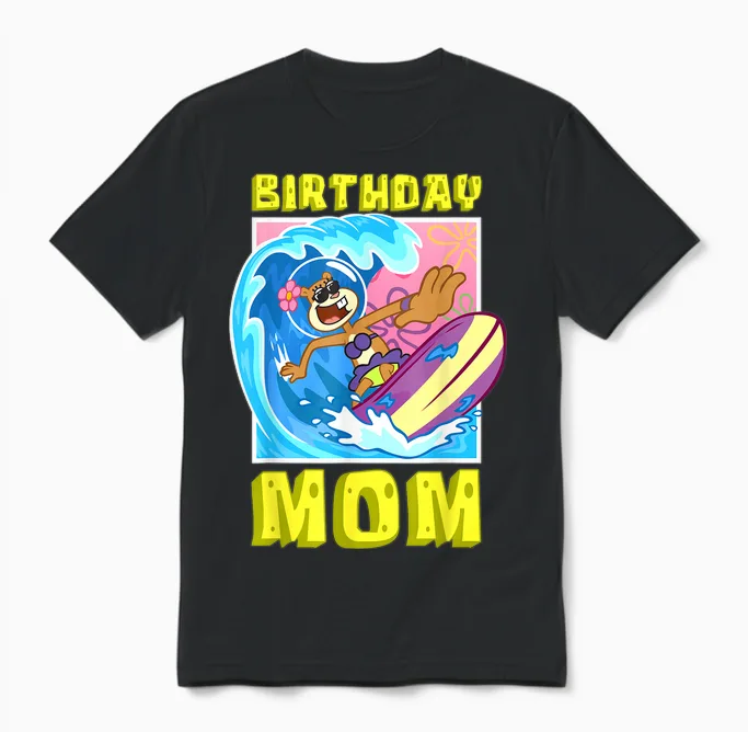 Sandy Birthday Mom Surfing Spongebob Mother Birthday Gift Unisex T-Shirt in Black