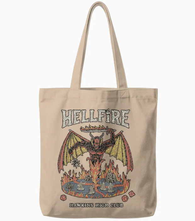 Stranger Things Vintage Hawkins High Hellfire T-Shirt, Black, S Tote Bags in Natural