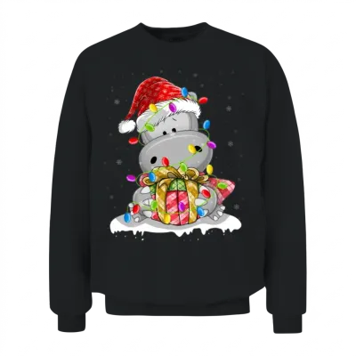 Hippopotamus Santa Christmas Tree Lighting Xmas Unisex Sweatshirt - Black