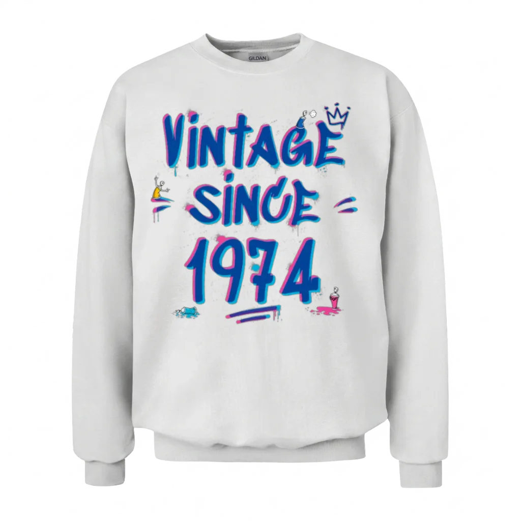 Vintage Since 1974 Hip-Hop Graffiti Glitch 51st Unisex Sweatshirt - White