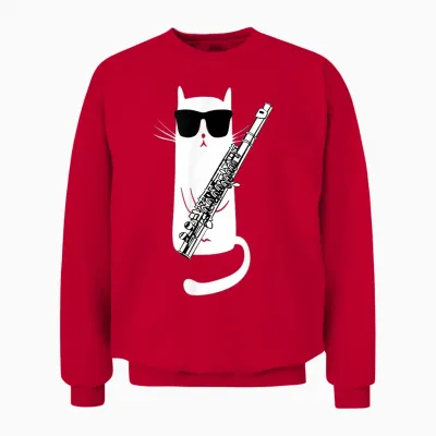 Funny Cat Wearing Sunglasses Playing Flute T-Shirt Small Unisex Sweatshirt - Red