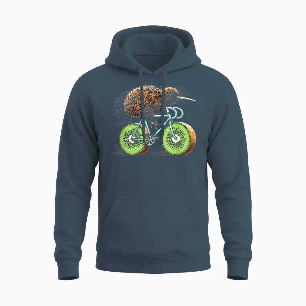 Kiwi Bird Riding Bicycle Funny Kiwi Fruit Wheels Bicycle T-Shirt, Black Unisex Hoodie in Dark Heather