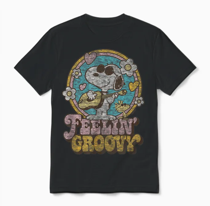 Peanuts - Feelin' Groovy Snoopy and Woodstock Unisex T-Shirt in Black