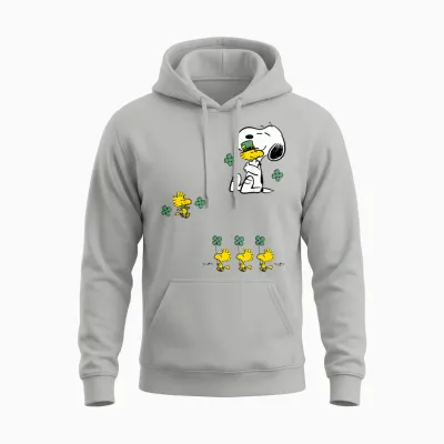 Snoopy & Woodstock - St Patrick's Day Shamrock Unisex Hoodie - Ash