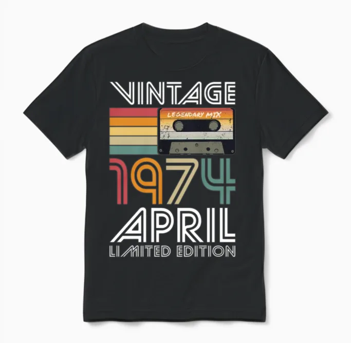 50th Birthday Vintage April 1974 Limited Edition Unisex T-Shirt in Black