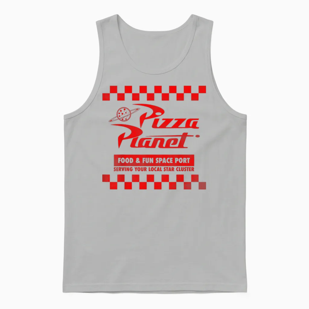 Disney Pixar Toy Story Pizza Planet Checkered Logo Unisex Tank Top in Ash