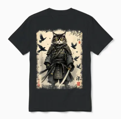 Samurai Cat, Japanese Warrior | Vintage Anime and Samurai Art T-Shirt, Black, S Unisex T-Shirt - Black