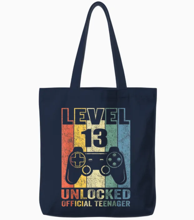Offiziell Teenager 13. Geburtstag Geschenk Level 13 Unlocked Tote Bags in Navy