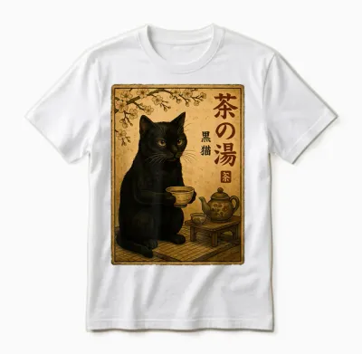 Cat Black Drinking Tea Japanese Vintage Tea Time Unisex T-Shirt - White