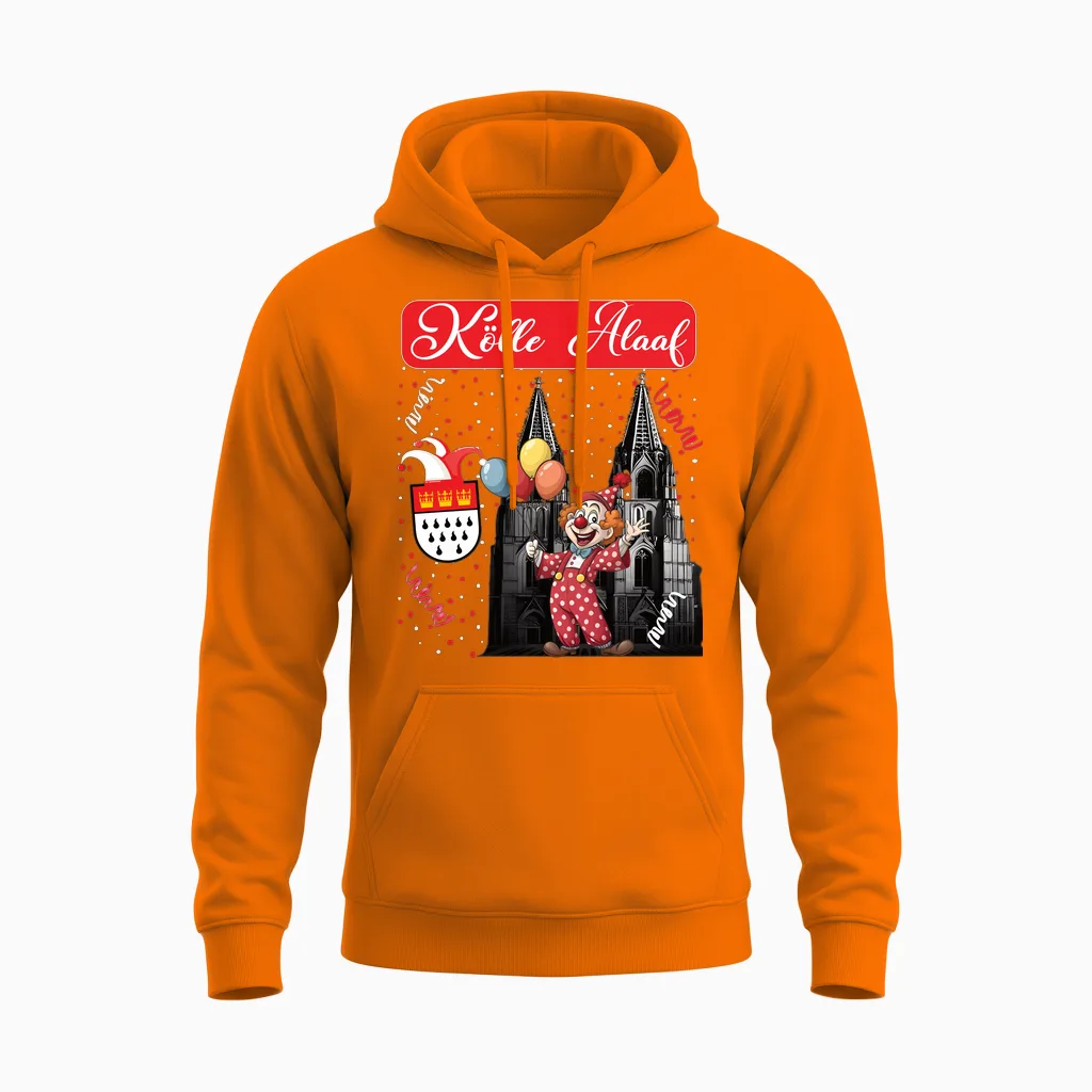 Cologne Rut Und Wiess Cologne Cathedral Carnival Costume Clown Costume Long Sleeve Shirt, Black Unisex Hoodie in Safety Orange