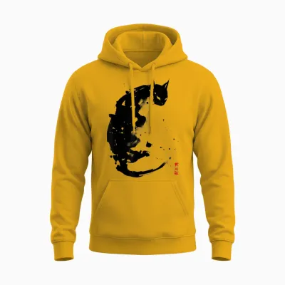 Japanese Ink Japan Anime Manga Harajuku Aesthetic Black Cat Unisex Hoodie - Gold