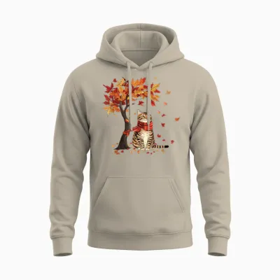 Cat Leaf Fall Tree Hello Autumn Thanksgiving It's Fall Y'all Unisex Hoodie - Sand