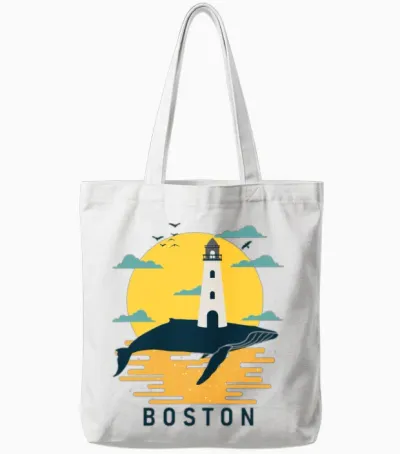 Boston Lighthouse Whale Sunset Tote Bags - White