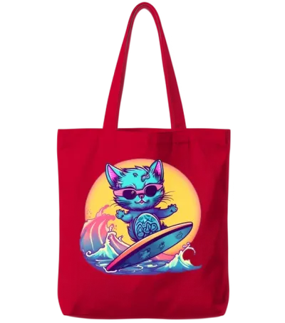 Retro Surfing Cat Tote Bags - Red