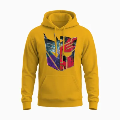 Kinder Transformers Autobot Decepticon Split Face Faded Logo Unisex Hoodie - Gold
