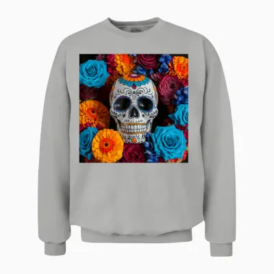 Mexican Skull Dia De Muertos Day of the Dead Floral T-Shirt, Black, S Unisex Sweatshirt - Ash