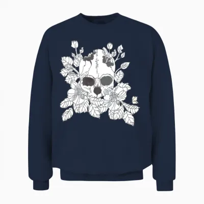 Black and White Flower Skull Unisex Sweatshirt - Navy
