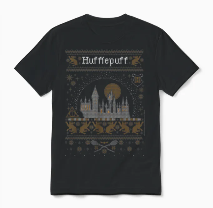 Harry Potter Hufflepuff Ugly Christmas Sweater Pattern Unisex T-Shirt in Black