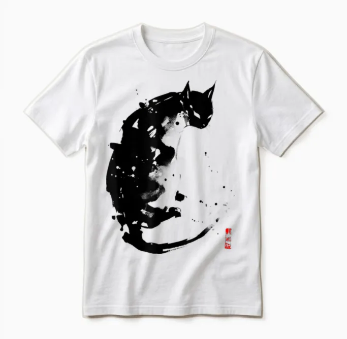 Japanese Ink Japan Anime Manga Harajuku Aesthetic Black Cat Unisex T-Shirt in White