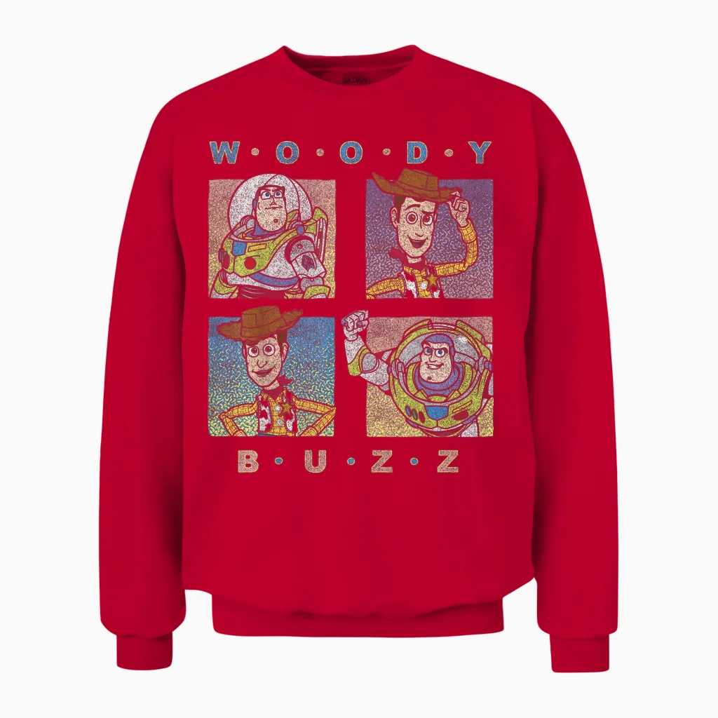 Disney Pixar Toy Story Woody and Buzz Four Square T-Shirt, Black, S Unisex Sweatshirt in Red
