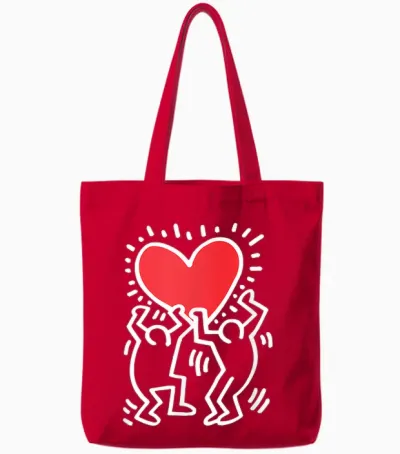Keith Haring Dancing Heart Artwork T-Shirt, Black Tote Bags - Red