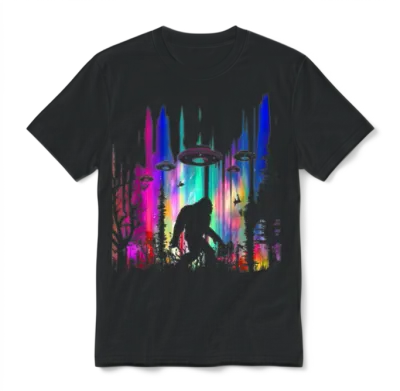 Bigfoot Ufo Abduction Northern Lights Believers Unisex T-Shirt - Black