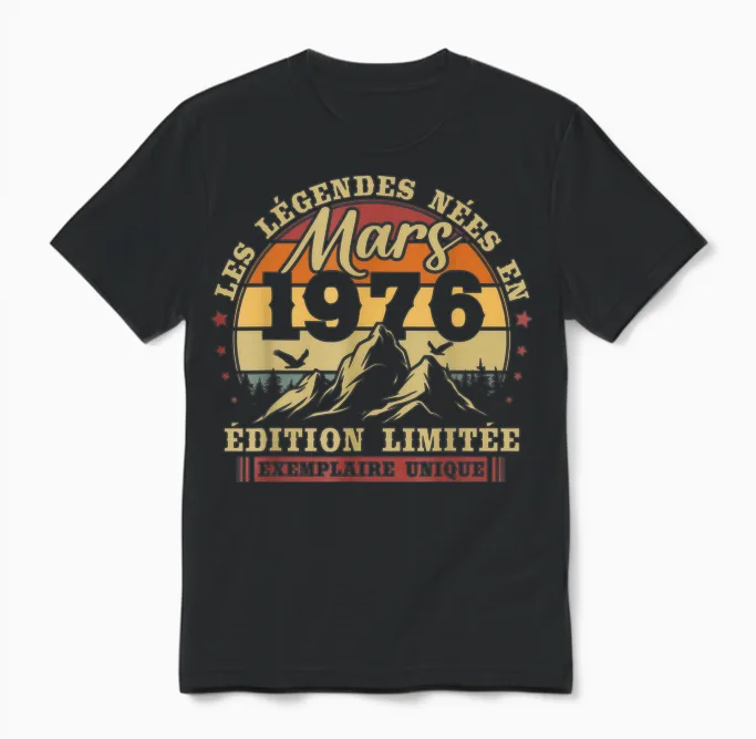 Vintage Mars 1976 Rétro Anniversaire 50 Ans Hommes Femmes Unisex T-Shirt in Black