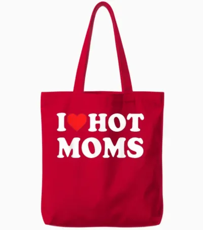 I Love Hot Moms Funny Red Heart Love Moms T-Shirt, Black Tote Bags - Red