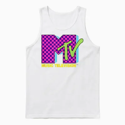 Mtv Music Television Retro 80's Neon Pink Checkerboard Logo Unisex Tank Top - White