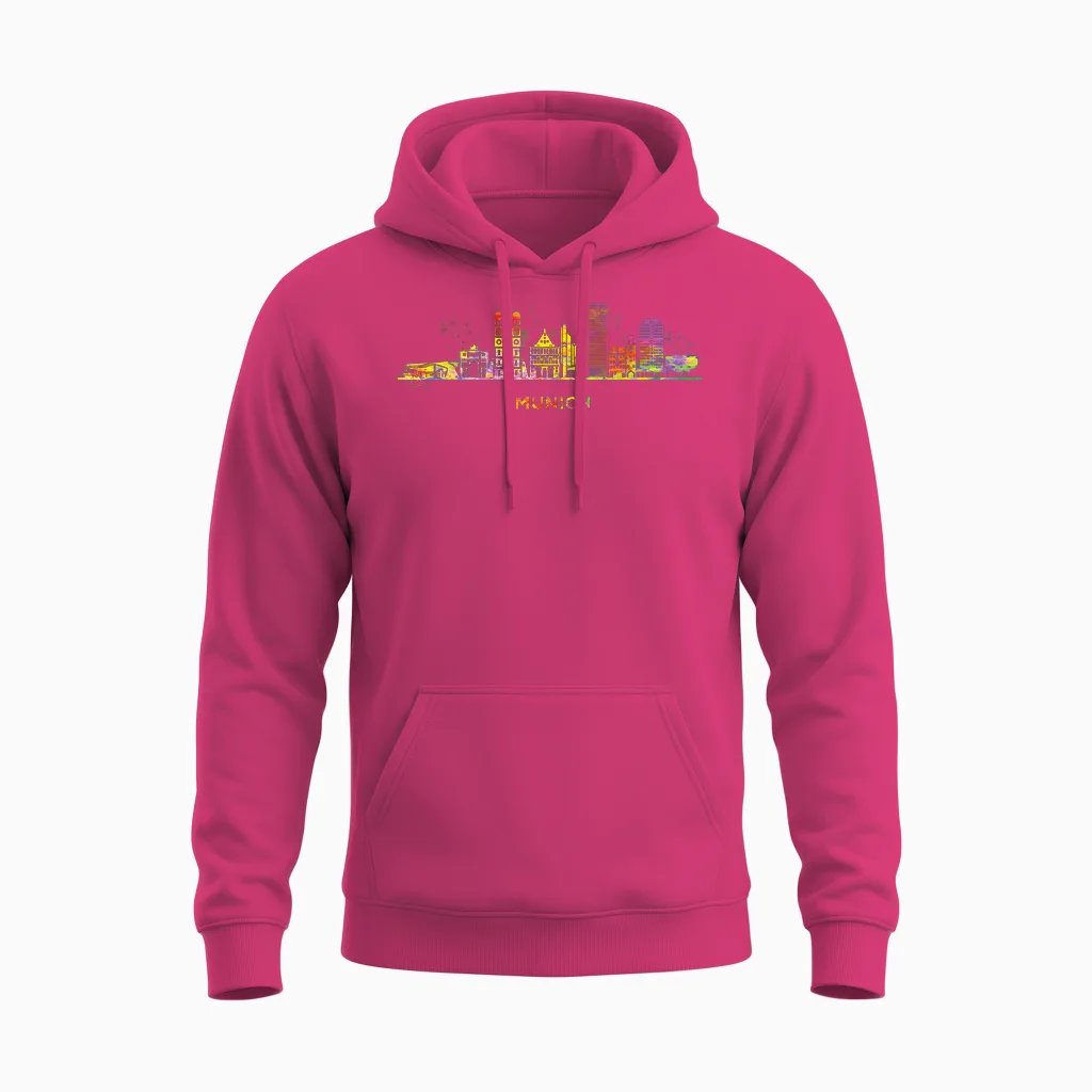 Munich Skyline Colourful Frauenkirche Cityscape Munich T-Shirt, Black Unisex Hoodie in Heliconia