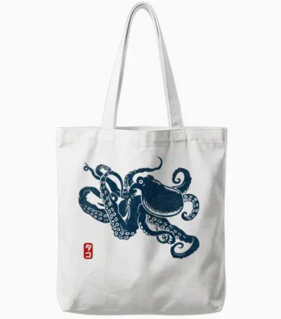 Japanese Aesthetic Vintage Octopus T-Shirt, Gray Tote Bags - White