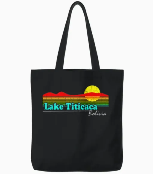 Funny Retro Lake Titicaca Tote Bags in Black
