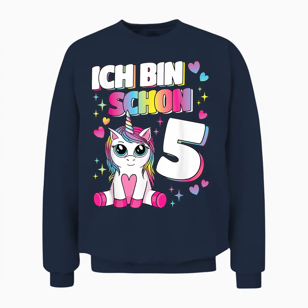 Ich Bin Schon 5 Unicorn 5th Birthday 5 Years Girls' T-Shirt, Black Unisex Sweatshirt in Navy