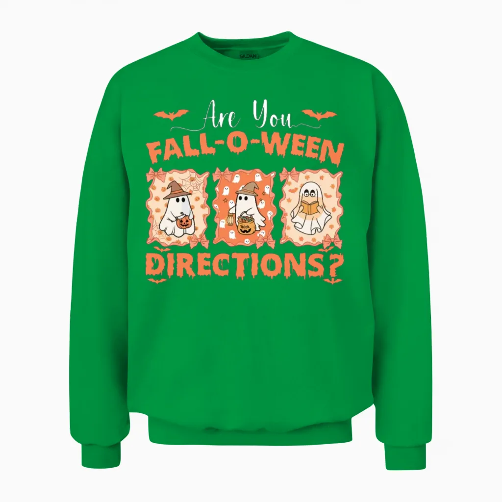 Cozy Are You Fall-O-Ween Directions Funny Ghost Unisex Sweatshirt in Irish Green