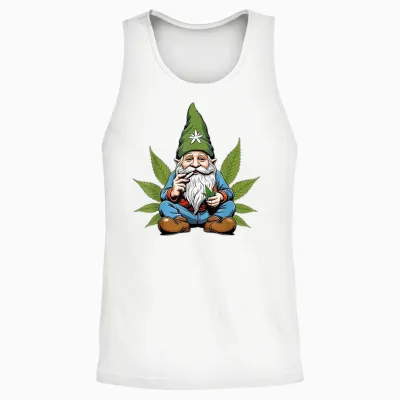 Hippie Gnome Smoking Weed Pot Leaf 420 Marijuana Cannabis Unisex Tank Top - White