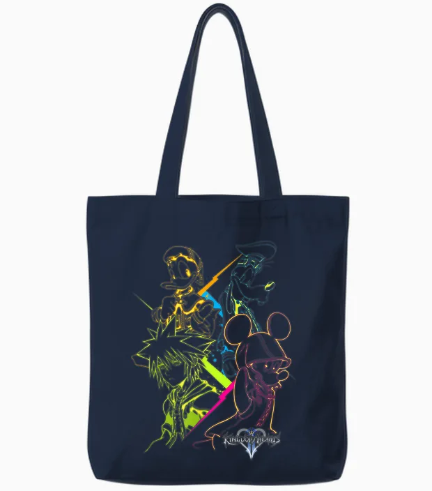 Disney Kingdom Hearts Main Characters Neon Line Art Portrait Tote Bags in Navy