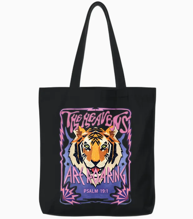 The Heavens Are Roaring Psalm 19 1 Tiger Tote Bags in Black
