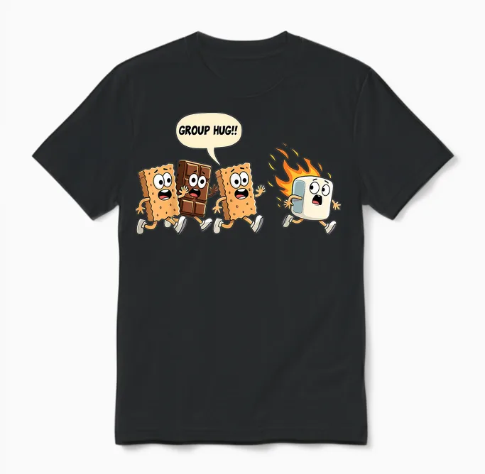 Group Hug Marshmallow Campfire Smores Funny Camping Unisex T-Shirt in Black