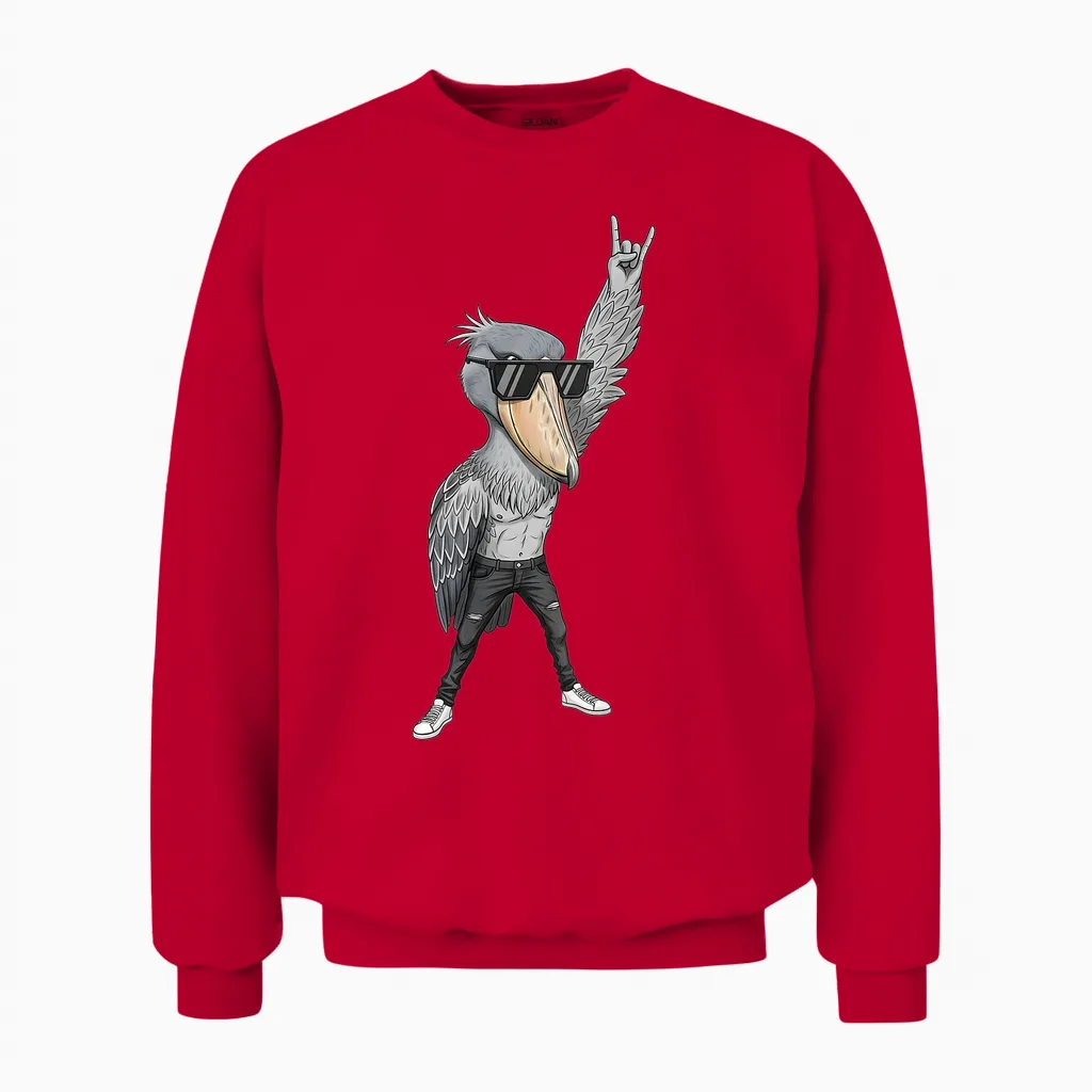 Cool Rocker Shoebill Cigogne Oiseau En Cuir Biker Tenue Unisex Sweatshirt in Red